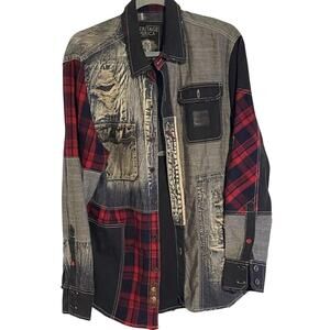 Heritage America 1776 Men Shirt L Distressed Denim Flannel Leather Patchwork